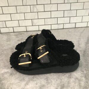 FitFlop Shoes Womens Size 7 Black Shearling Buckle Slide Sandals Furry Comfort